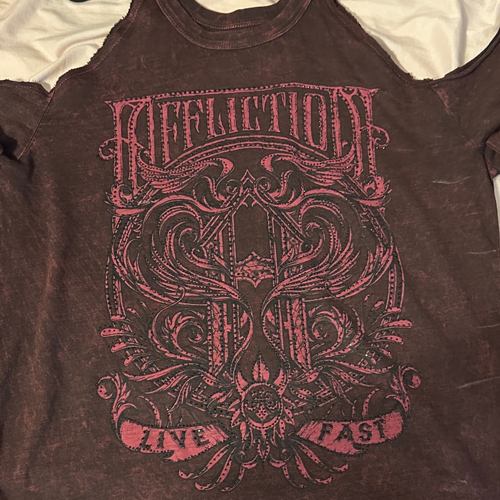 Affliction Men's Dark Brown and Pink Graphic Tee